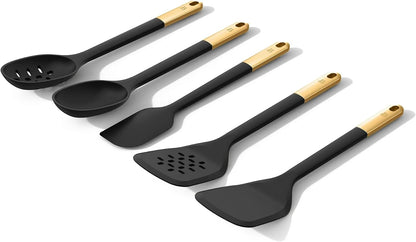 6 Piece Silicone Kitchen Utensil Set with Holder, Heat Resistant Cooking Tools, Nonstick Safe Spatula Spoon Turner Set with Ceramic Storage Crock