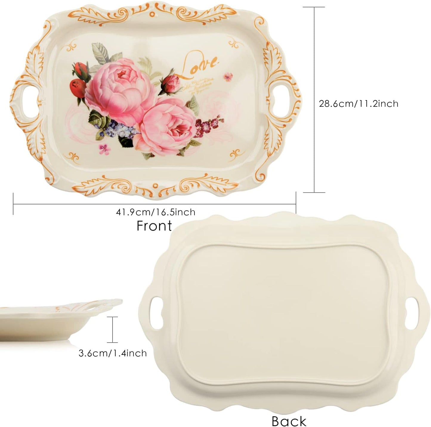 Melamine Serving Tray Art Trays,3 Pack Stackable Food Tray, Large Serving Platter with Handle for Eating, Unbreakable Large Serving Platter with Floral Print (16.5 x 11.3 x 1.4 Inches)