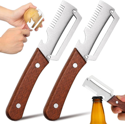 2 Pack Multi-Functional Vegetable Peeler, 3-in-1 Stainless Steel Peeler Shredder with Bottle Opener, Multifunctional Vegetable and Fruit Slicing Knife with Wooden Handle for Kitchen