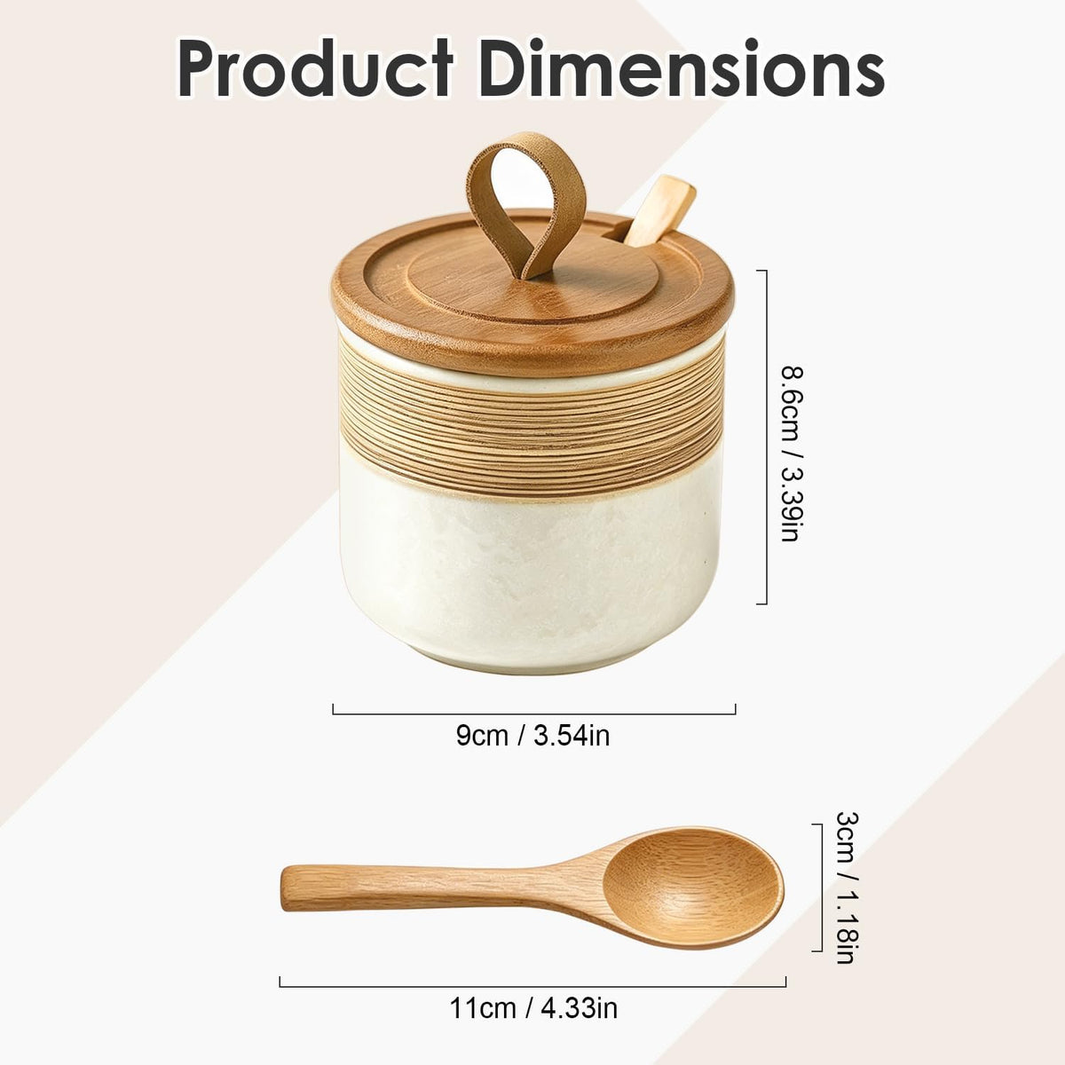 Ceramic Salt Cellar Bamboo Lid Spoon 3.5" Wide 12oz