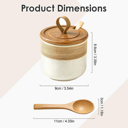 Ceramic Salt Cellar Bamboo Lid Spoon 3.5" Wide 12oz