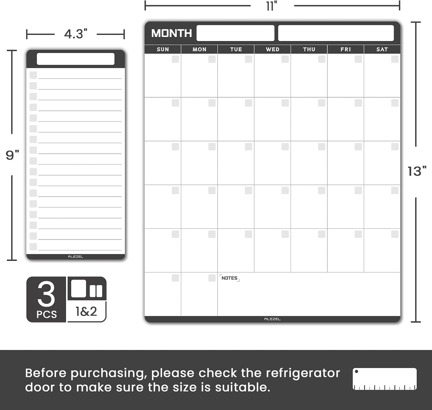 ALEZEL Dry Erase Calendar for Refrigerator, Greenery Magnetic Fridge Calendar Whiteboard - Set of Vertical Monthly Dry Erase Calendar for Fridge & 2 List Board, 4 Markers + Eraser