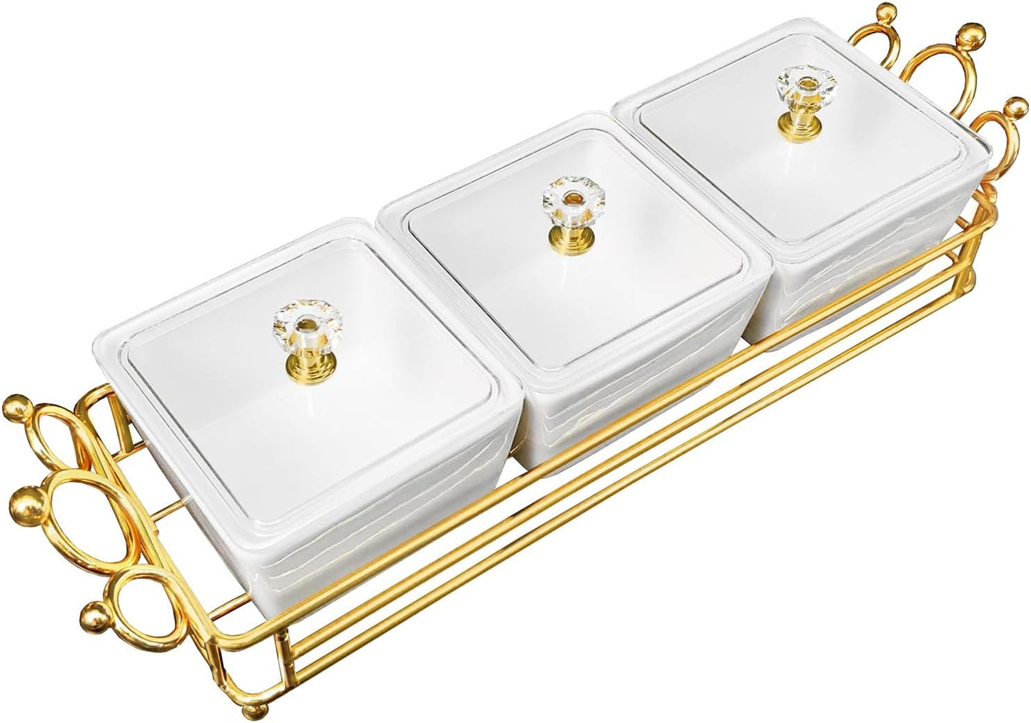 YA JU Ceramic Bowls and with Lid Gold Basket Trays, 6 Removable Small Bowls Condiment Trays Nut Serving Set for Snacks, Fruits, Candy and Condiments -Great for Parties, Holiday Gifts, White