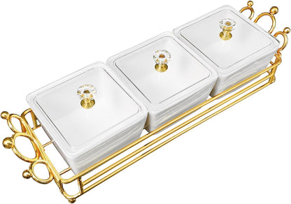 YA JU Ceramic Bowls and with Lid Gold Basket Trays, 6 Removable Small Bowls Condiment Trays Nut Serving Set for Snacks, Fruits, Candy and Condiments -Great for Parties, Holiday Gifts, White