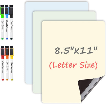 Magnetic Dry Erase Board - 8.5”x11” Dry Erase Whiteboard in 3 Colors - Reusable Blank Whiteboard for Fridge – 6 Dry Erase Markers Included