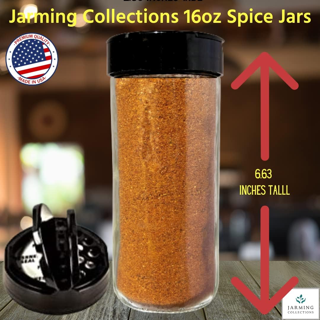 JARMING COLLECTIONS 16oz Glass Spice Shakers with Lids – Large Seasoning Containers with Shaker Tops for Kitchen, Pantry & Herb Storage