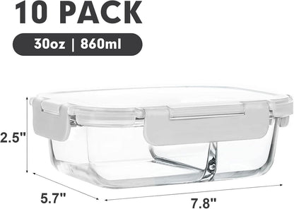 M MCIRCO [10-Pack,30 Oz Glass Meal Prep Containers 2 Compartments Airtight Lunch Bento Boxes with Lids, Glass Food Storage Containers, Microwave, Oven, Freezer and Dishwasher, White