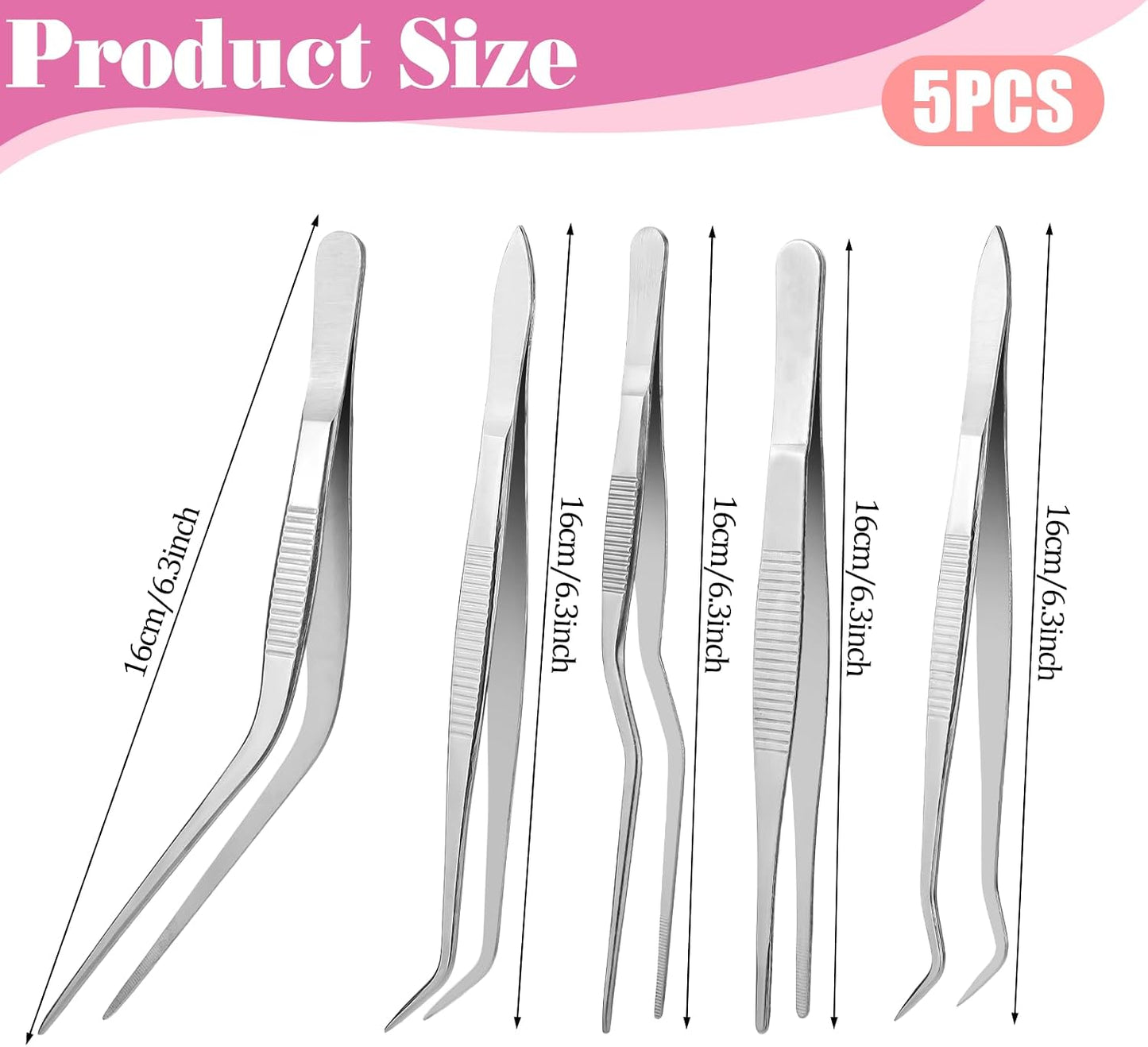 5 Pcs Kitchen Tweezers Cooking Tongs 6.3 Inch Stainless Steel Chef Culinary Tweezers with Non-Slip Grip and Precision Serrated Tips for Cooking, Frying, Plating, Pasta, BBQ, Cookie Decorating