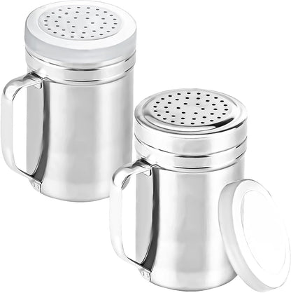 2Pcs Metal Salt Pepper Dredge Shakers, Stainless Steel Pepper Shaker Seasoning Jar With Handle, With Hole And Cover, Suitable For Pepper, Cinnamon And Coffee Spice Jars (Small-6OZ)