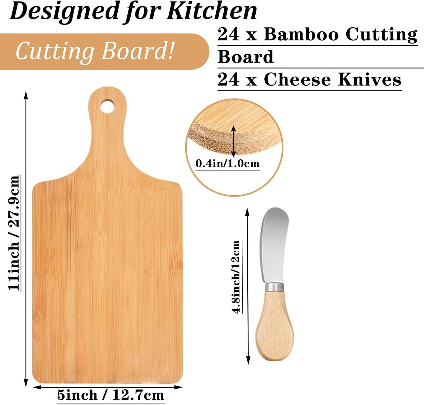 24 Pcs Bamboo Cutting Board Set with 24 Pcs Cheese Knives, 11" x 5" Individual Charcuterie Boards, Blank Laser Engraving Boards & Butter Knives Bulk Set, Perfect for Kitchen, Gifts, Home Decor