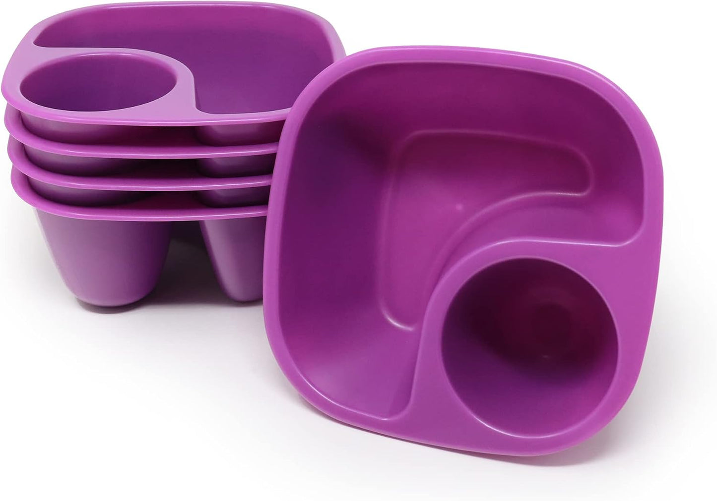 Rolling Sands Reusable Snack and Dip Bowls, 5 Pack, USA Made, Dishwasher and Microwave Safe Personal Size Plastic Divider Bowls, BPA-Free, Two Compartments to Hold Dips, Snacks and Treats
