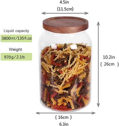 Large Glass Jar with Airtight Lid Set of 2 93 FL OZ(2750ml) glass canister set, Glass Food Containers Wooden Lid Suit for Kitchen Pantry for Flour, Tea, Coffee Beans, Sugar, Cookies(8.8 inch high)