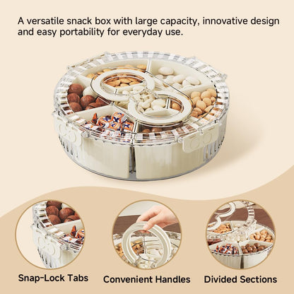 Koja Rotating Snackle Box Container with Lid - Portable Divided Serving Tray for Snacks, Nuts, Candy, Charcuterie, Veggies & Fruit - 360° Turntable Food Organizer (Beige, 7-Compartment)