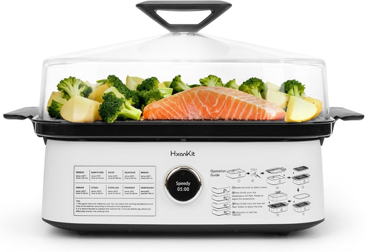 Electric Food Steamer 8 Quart, Borosilicate Glass Steamer for Cooking Vegetables and Rice, 450°C, 10 Presets, 40% Less Fat and Salt, Auto Shut-Off, No Descaling