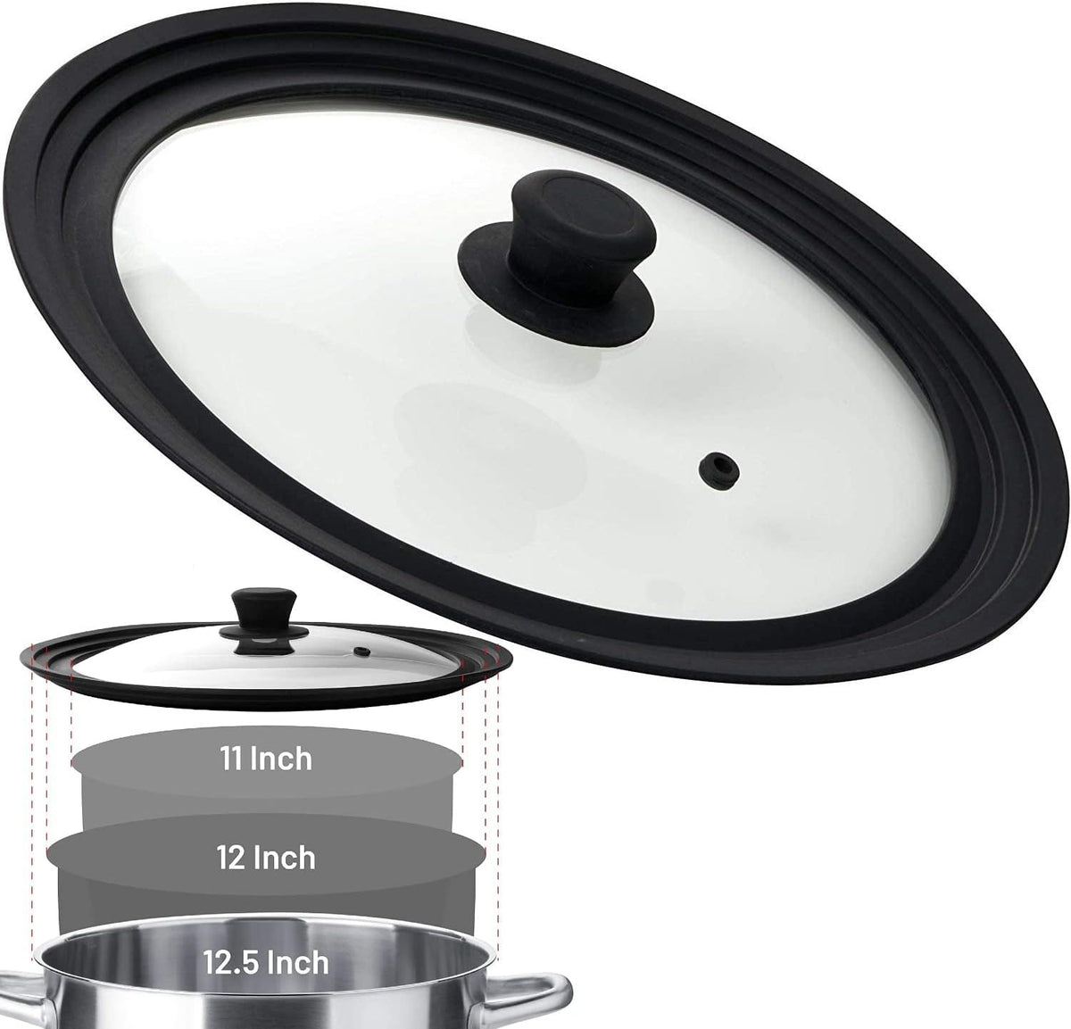 Universal Lids for Pots, Pans and Skillets - Tempered Glass with Vented Silicone Rim and Heat-Resistant Handle - Fits Multiple Cookware Sizes - Dishwasher & Microwave Safe (Single, 11",12",12.5")