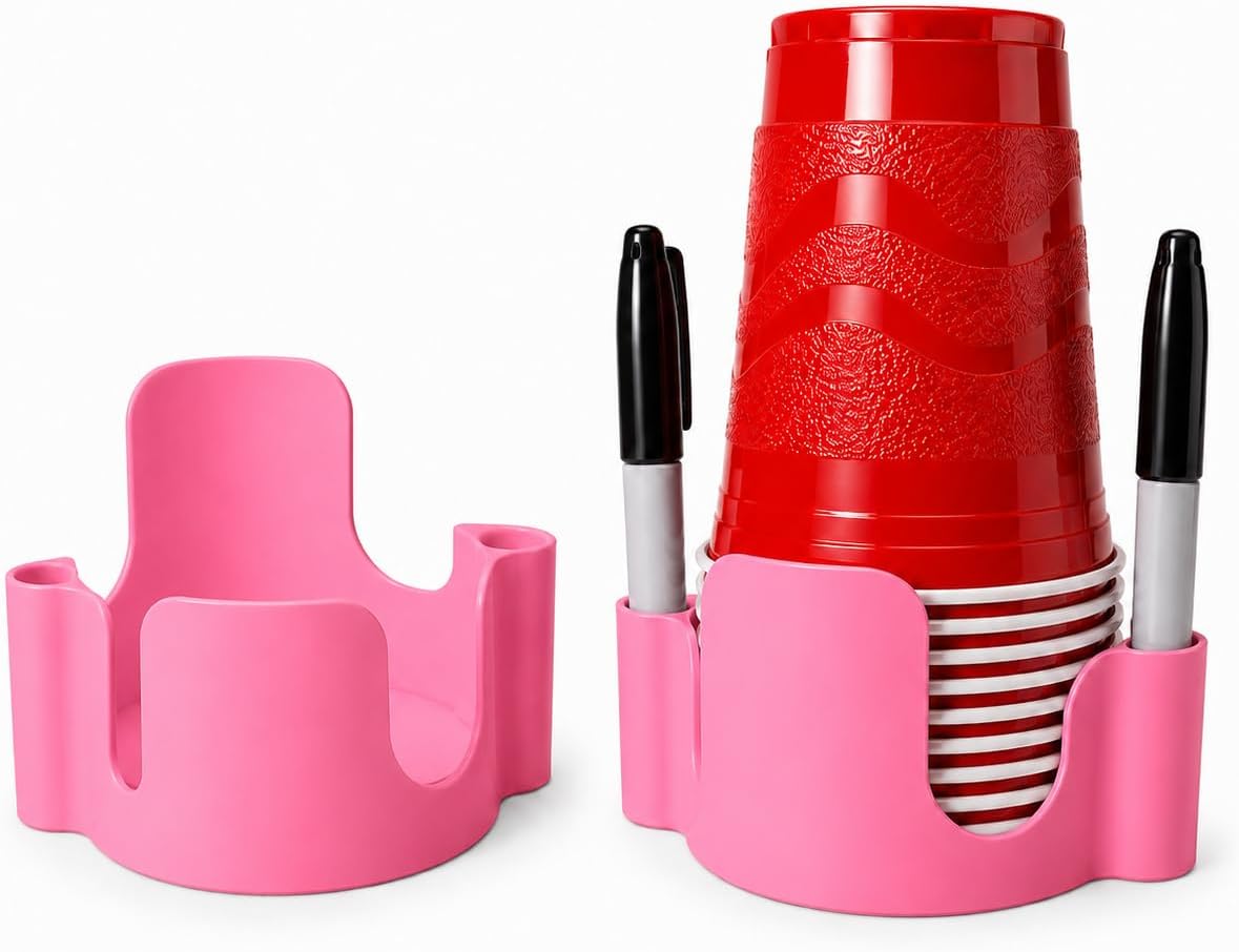 Party Cup Dispenser with Marker Holder – Stackable Plastic Cup Organizer for Parties, Events, BBQs, Picnics, Graduations & Drink Stations, Cup and Marker Caddy, Black (Red)