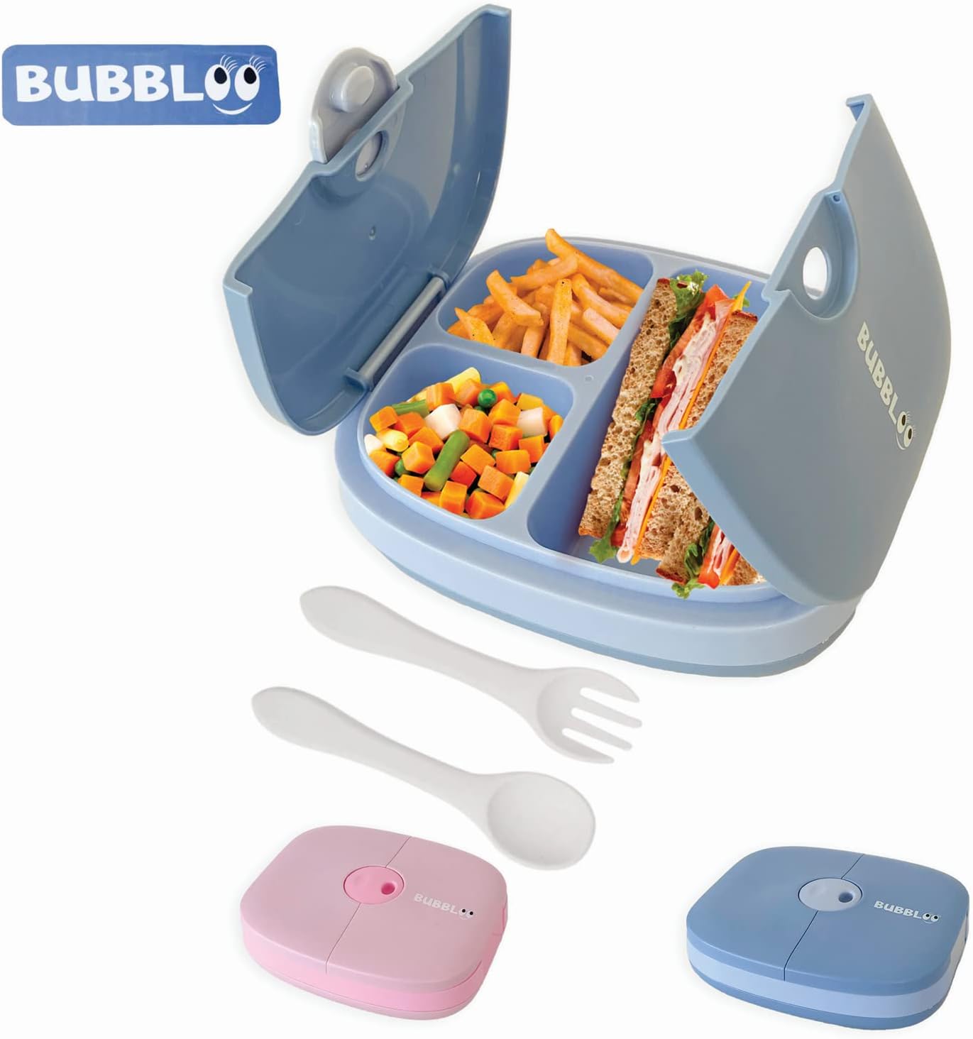 BUBBLOO Bento Box for Kids with Silverware - 3 Compartment Ideal Portion Sizes - BPA Free Removable Plastic Tray - Leak Proof Kids Lunch Box, Pink
