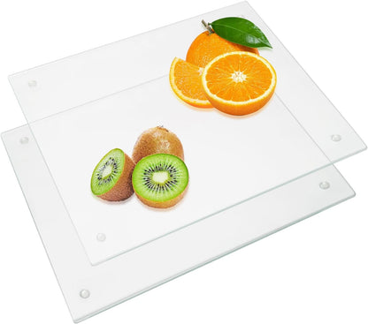 JAMBALAY Tempered Glass Cutting Boards for Kitchen, 16"x12" Clear Glass Cutting Board Set, 2Pcs Chopping Board with Rubber Non Slip Feet, Heat Resistant, Shatter Resistant, Dishwasher Safe