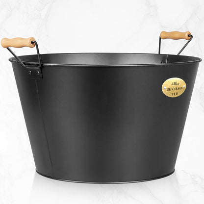 5.5 Gallon Large Beverage Tubs for Parties, 21L Galvanized Ice Bucket with Wooden Handles for Beer, Wine, Cocktails & Outdoor Events -Black