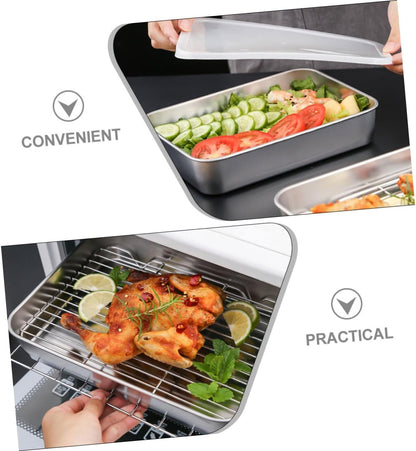 Healifty Stainless Steel Deep Kitchen Prep Tray Oil Filter BBQ Roasting Pan Set for Cooking and Baking Sturdy Food Container Rack for Grilling and Oven Use
