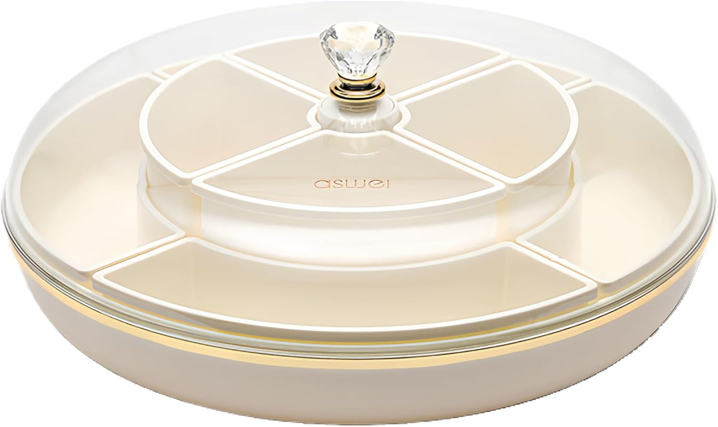 Large 8-Compartment Rotating Snack Tray with Lid, Food Grade PP Divided Serving Tray with Removable Dividers, 360° Spin for Party, Fridge Storage, Fruits & Nuts (Cream White)