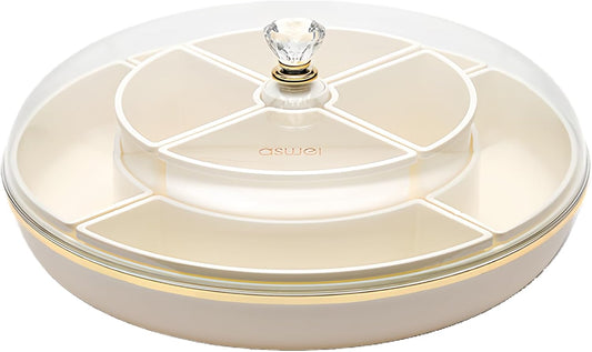 Large 8-Compartment Rotating Snack Tray with Lid, Food Grade PP Divided Serving Tray with Removable Dividers, 360° Spin for Party, Fridge Storage, Fruits & Nuts (Cream White)