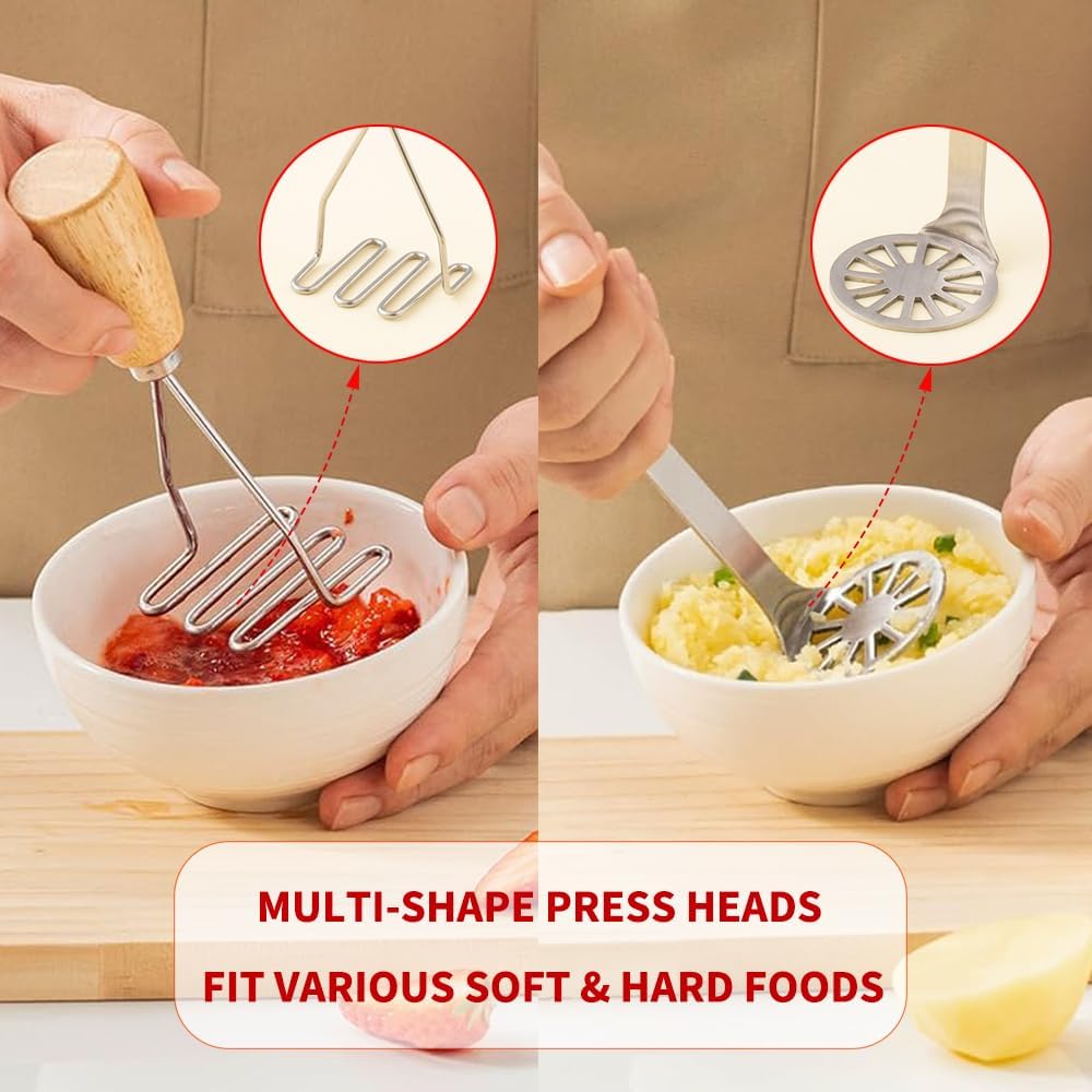 Small Potato Masher,Stainless Steel Tool Ergonomic Non‑Slip Wooden Handle