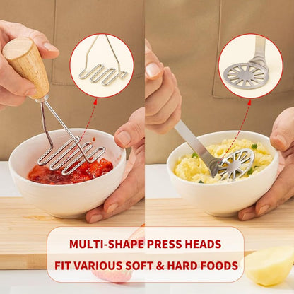 Small Potato Masher,Stainless Steel Tool Ergonomic Non‑Slip Wooden Handle