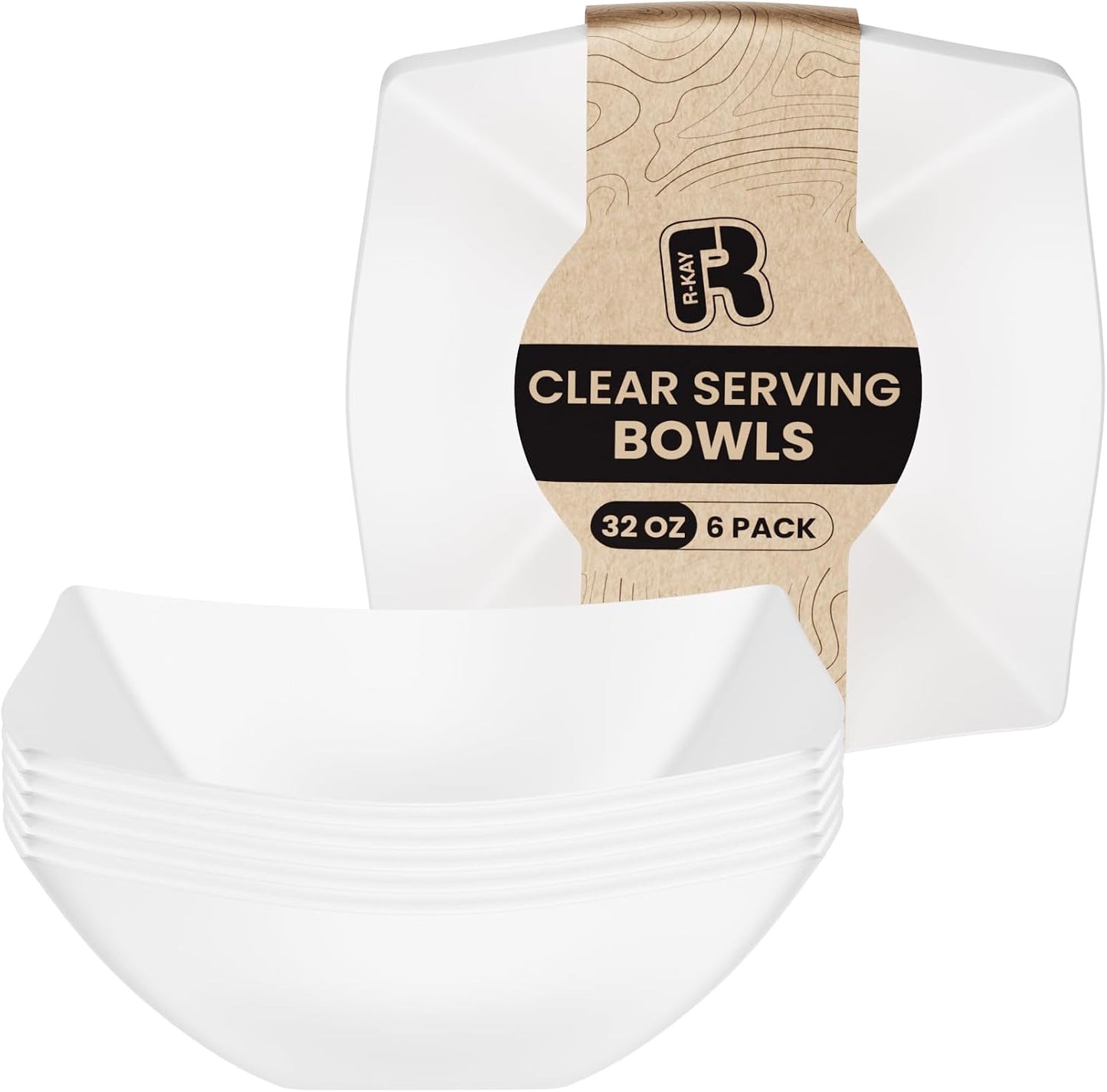 R-kay 6 Pack Square Plastic Serving Bowls - Clear Plastic bowls 16 Oz - Disposable Serving Bowls Heavy Duty For Weddings Catering And Birthday parties