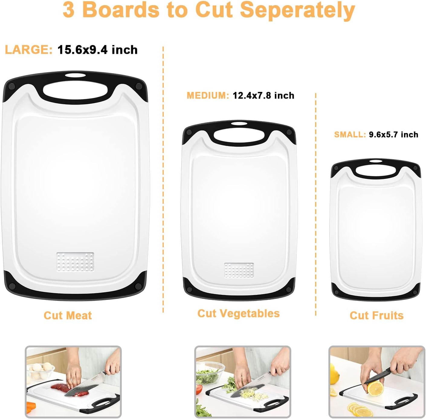 Viretang Plastic Cutting Boards Set of 3 Extra Large for Kitchen, Thick Chopping Board with Deep Juice Grooves, Non‑Slip Feet, Easy Grip Handle, BPA Free, Dishwasher Safe,Black
