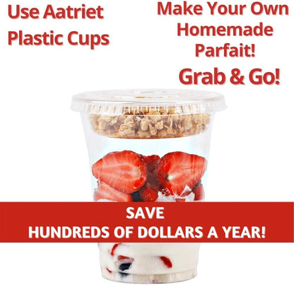 Aatriet Clear Plastic Parfait Cups with Insert &Lids No Hole - Yogurt Fruit Parfait Cups for Kids, for Dips and Veggies, Take Away Breakfast and Snacks. No Leaking (12oz. flat, 50sets)