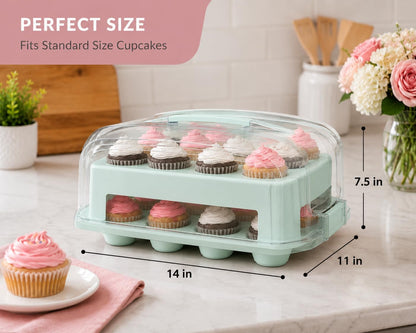 Top Shelf Elements Cupcake Carrier, EXTRA TALL LID, Green Cupcake Holder Carries 24 Standard-Size Cupcakes, Muffin Traveler Two Tier Stand Reusable Cupcake Box