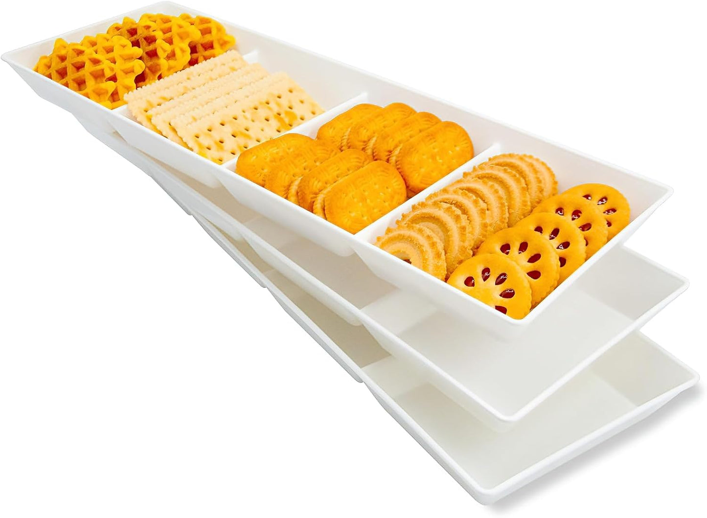 Divided Serving Tray Platter, 4 Pack 15" x 10" Fruit Veggie Food Tray for Party, Plastic Serving Trays for Appetizer, Snack, Dessert, Cookie, Brunch Decorations Platters, White Trays BPA-Free