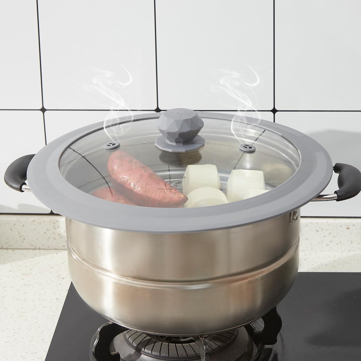 Vented Tempered Glass Universal Lid for Pot Pan Skillet with Heat Resistant Silicone Rim Microwave Splatter Lid Cover Microwave Safe Fit 11.5" 12" 12.5" Cookware, Dishwasher Safe Grey