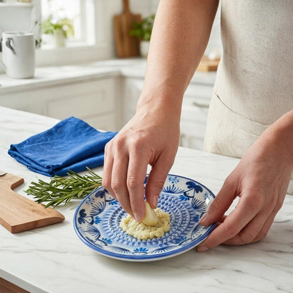 Handcrafted Ceramic Garlic Grater Plate, Ocean Blue