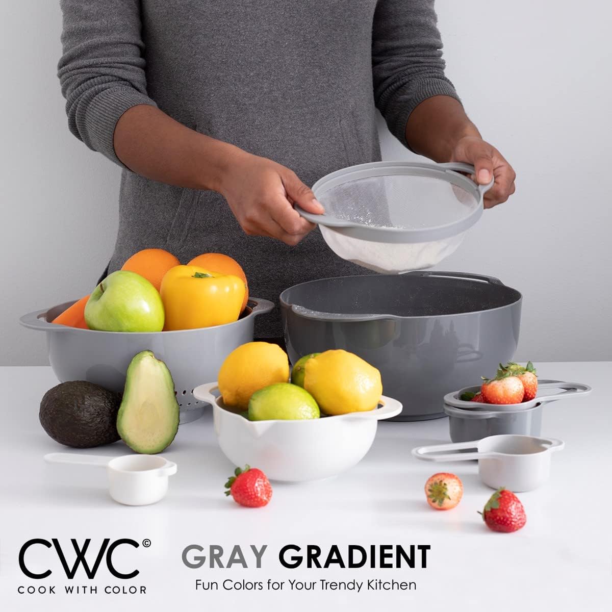 COOK WITH COLOR Nesting Bowls with Measuring Cups Colander and Sifter Set - Includes Mixing Bowls, Colander, Sifter and Measuring Cups, Navy, 8 Pc Bowl