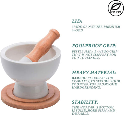 E-liu Porcelain Mortar and Pestle Set with Lid, Functional for Grinding
