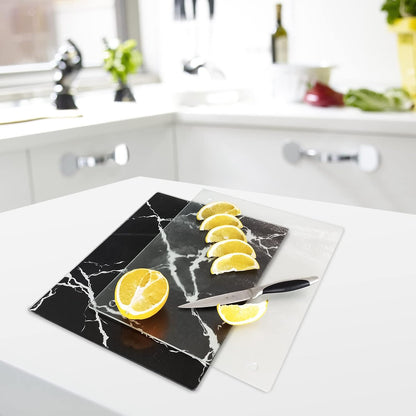 VASUHOME Tempered Glass Cutting Board Set of 2-16x12 inch Marble Pattern Cutting Board for Kitchen Counter - Scratch, Heat, Shatter Resistant and Easy to Clean- Black and Clear