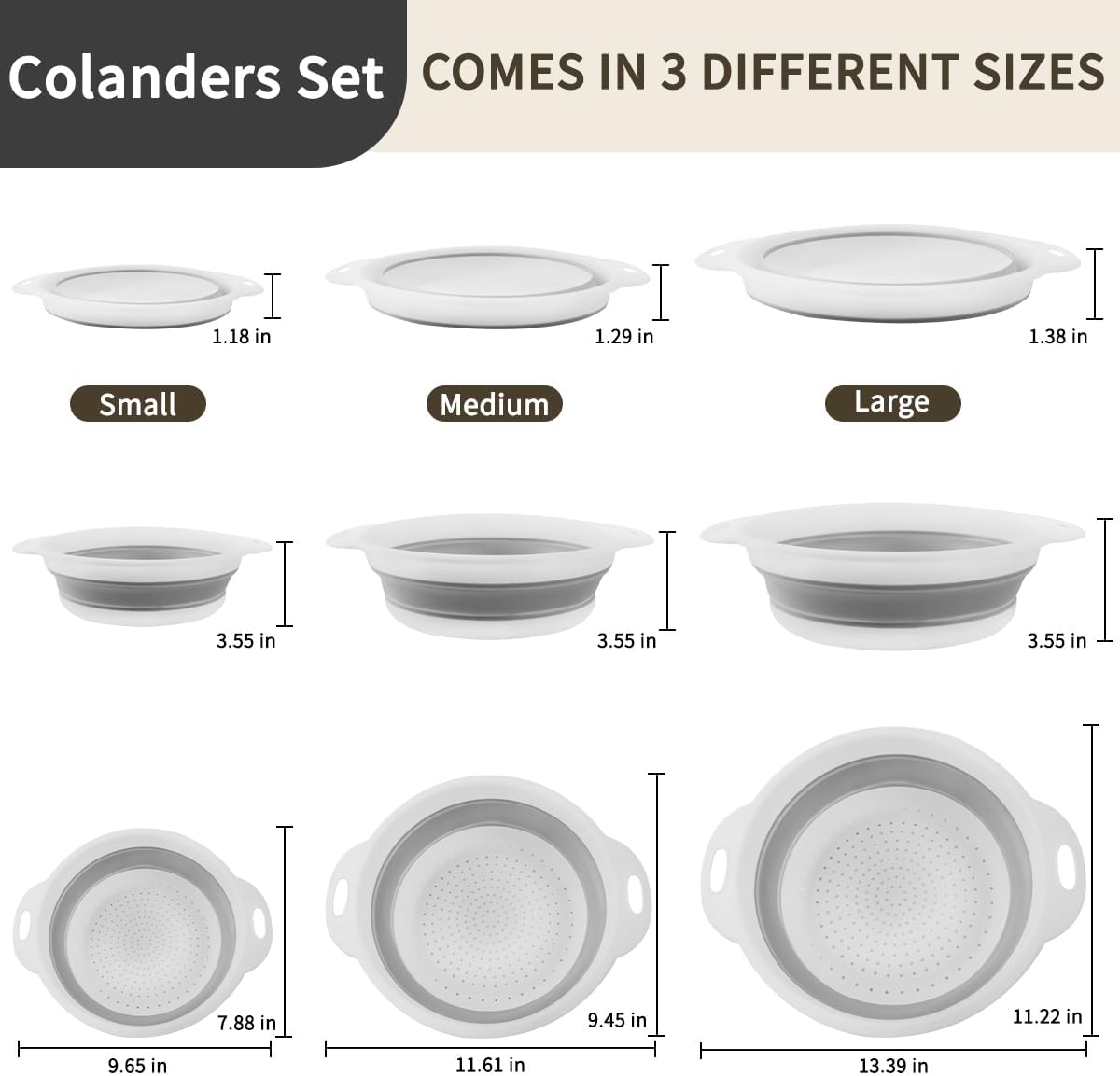 Collapsible Colanders Set of 4 - Food Strainers with Oversized Over Sink Draining Tray, Space Saving Foldable Kitchen Strainer Basket for Washing Vegetables, Fruit, Pasta & Rice, BPA-Free