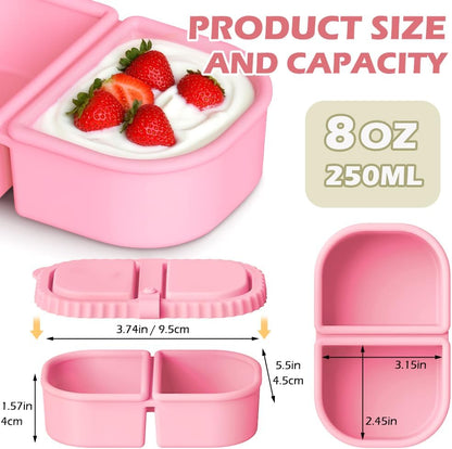 YQL 4 Pack Silicone Snack Containers with Leakproof Lids, Double-Compartment Bento Boxes for Kids & Adults, Reusable Food Storage for Snacks, Sauces, Lunch, Travel, and Meal Prep