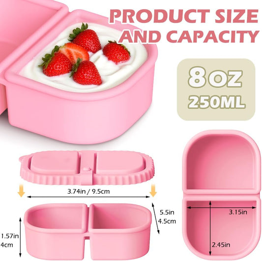 YQL 4 Pack Silicone Snack Containers with Leakproof Lids, Double-Compartment Bento Boxes for Kids & Adults, Reusable Food Storage for Snacks, Sauces, Lunch, Travel, and Meal Prep