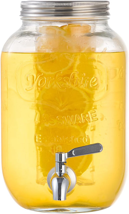 1 Gallon Glass Drink Dispensers for Parties, 2 Pack Beverage Dispenser with Stand, Fruit Infuser & Leakproof Stainless Steel Spigot, Juice Dispenser for Lemonade, Iced Tea, Sun Tea & Infused Water