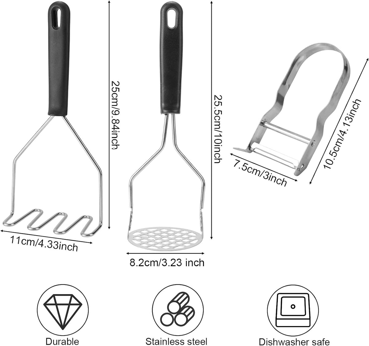 3pcs Potato Masher Tool, Stainless Steel Wavy and Round Mashed Potato Smasher with Paring Knife Masher Kitchen Tool for Avocado Vegetables Meat Beans