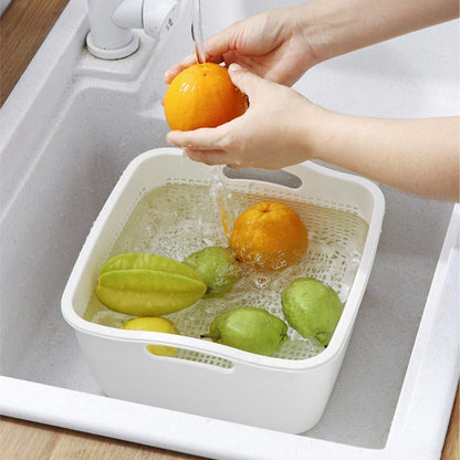 Double-layer Draining Basket Plastic Fruits & Vegetable Washing Basket for Kitchen (Blue)