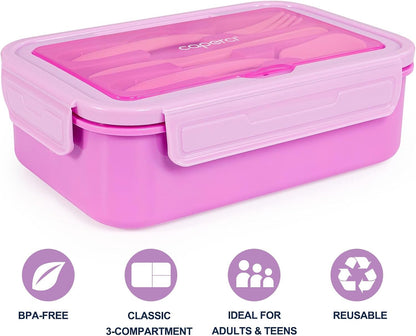 Caperci Classic Bento Box Adult Lunch Box for Older Kids - Leakpoof 47 oz 3-Compartment Lunch Containers for Adults and Teens, Built-in Utensil Set, Ideal for On-the-Go Balanced Eating,Khaki Green