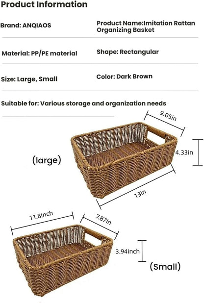 Plastic Storage Baskets for Shelves and Cabinets, Wicker Storage Baskets for Shelves, Pantry Baskets Organization and Storage, Water-Resistant and Durable(Set of 2, Dark Brown)