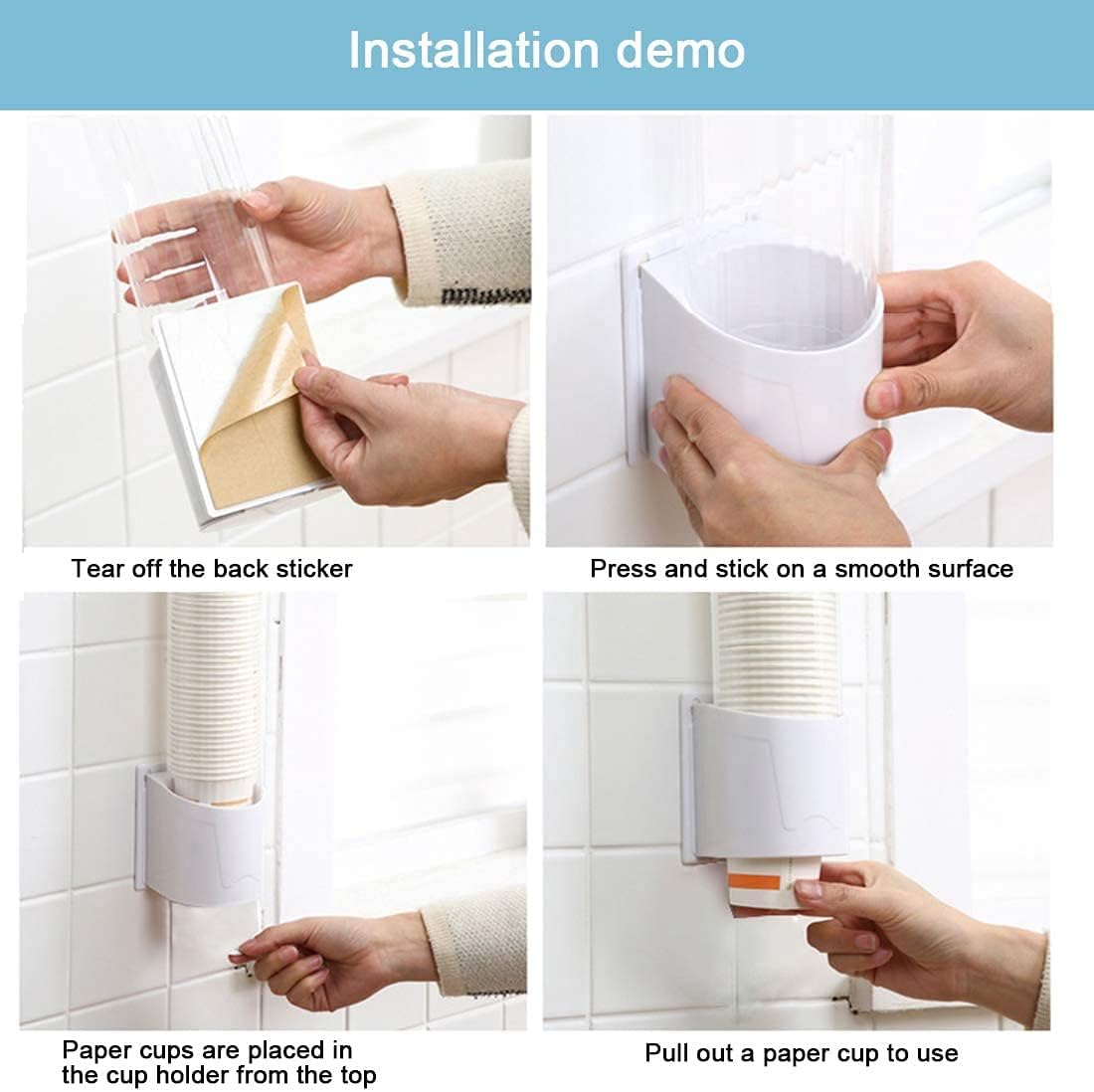 Cup Dispenser Wall Mounted Plastic Water Dispenser Disposable Cup Holder Rack, Paste or Screw Plate Mountable for Paper Cups Halloween Party Supplies(L, White)