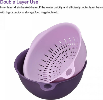 uxcell Kitchen Strainer Colander Bowl Set, Small Double Layer Drain Basin and Basket Suitable for Fruits, Vegetables, Pasta, Berry - Purple