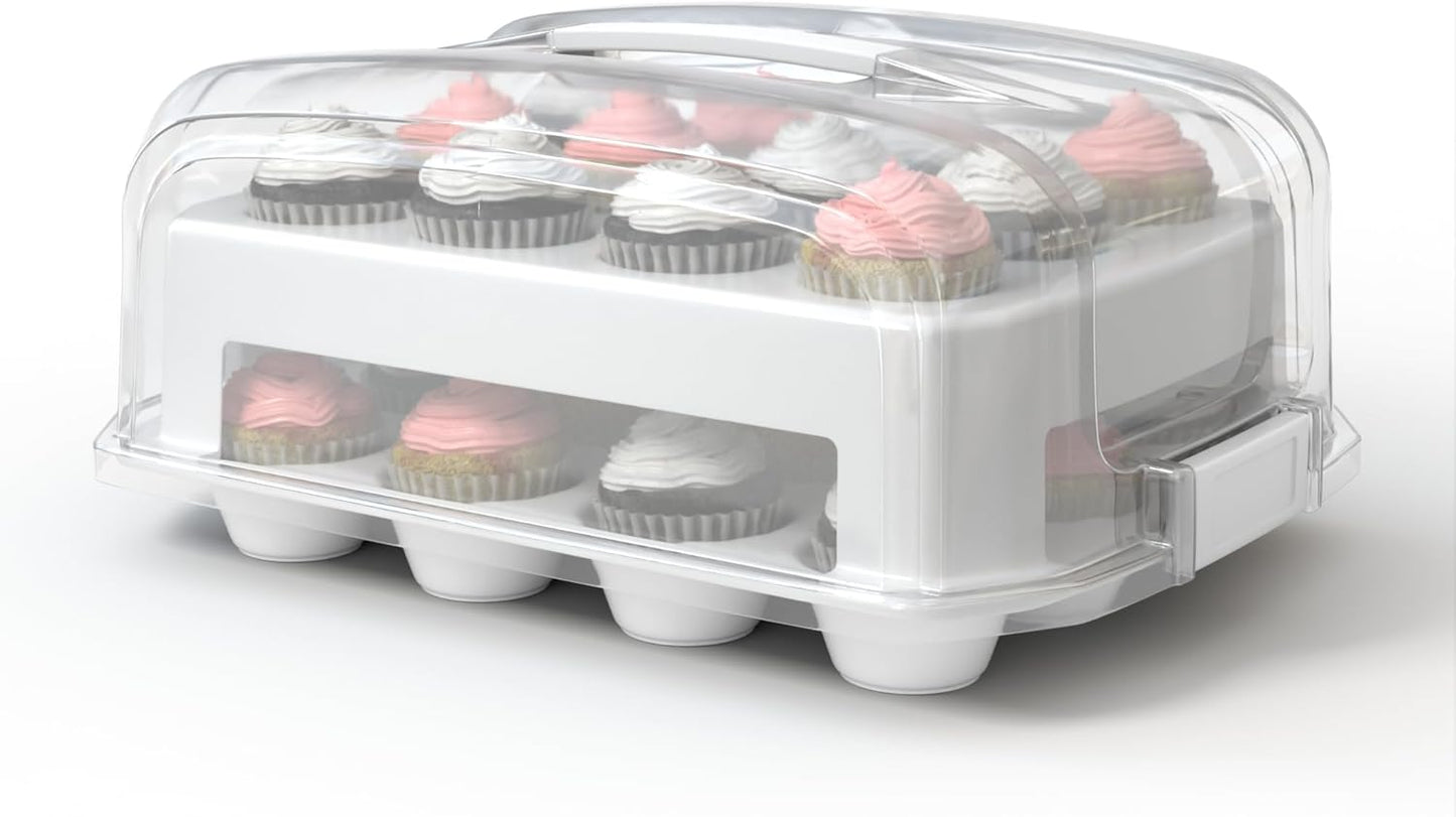 Top Shelf Elements Cupcake Carrier, EXTRA TALL LID, Green Cupcake Holder Carries 24 Standard-Size Cupcakes, Muffin Traveler Two Tier Stand Reusable Cupcake Box