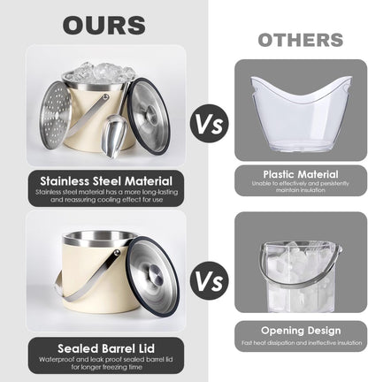 3L beige white Double Wall Insulated Stainless Steel Ice Bucket with scoop for Cocktail Bar,Metal Ice Bucket for freezer with Lid for parties.ice Container to Keep Ice Colder,bar cart accessories